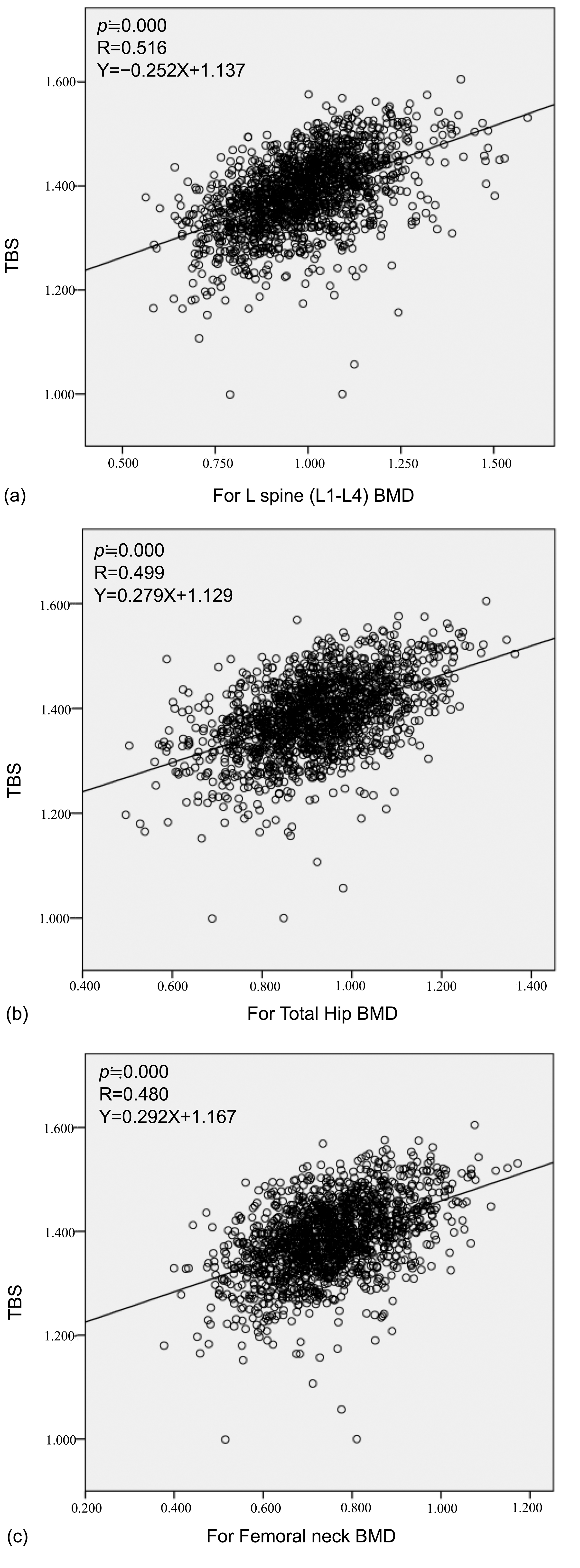 TBS regression models. Associations between TBS and (A) spine 
BMD, (B) total hip BMD, and (C) femoral neck BMD. TBS, trabecular bone score; 
BMD, bone mineral density; FN, femoral neck.
