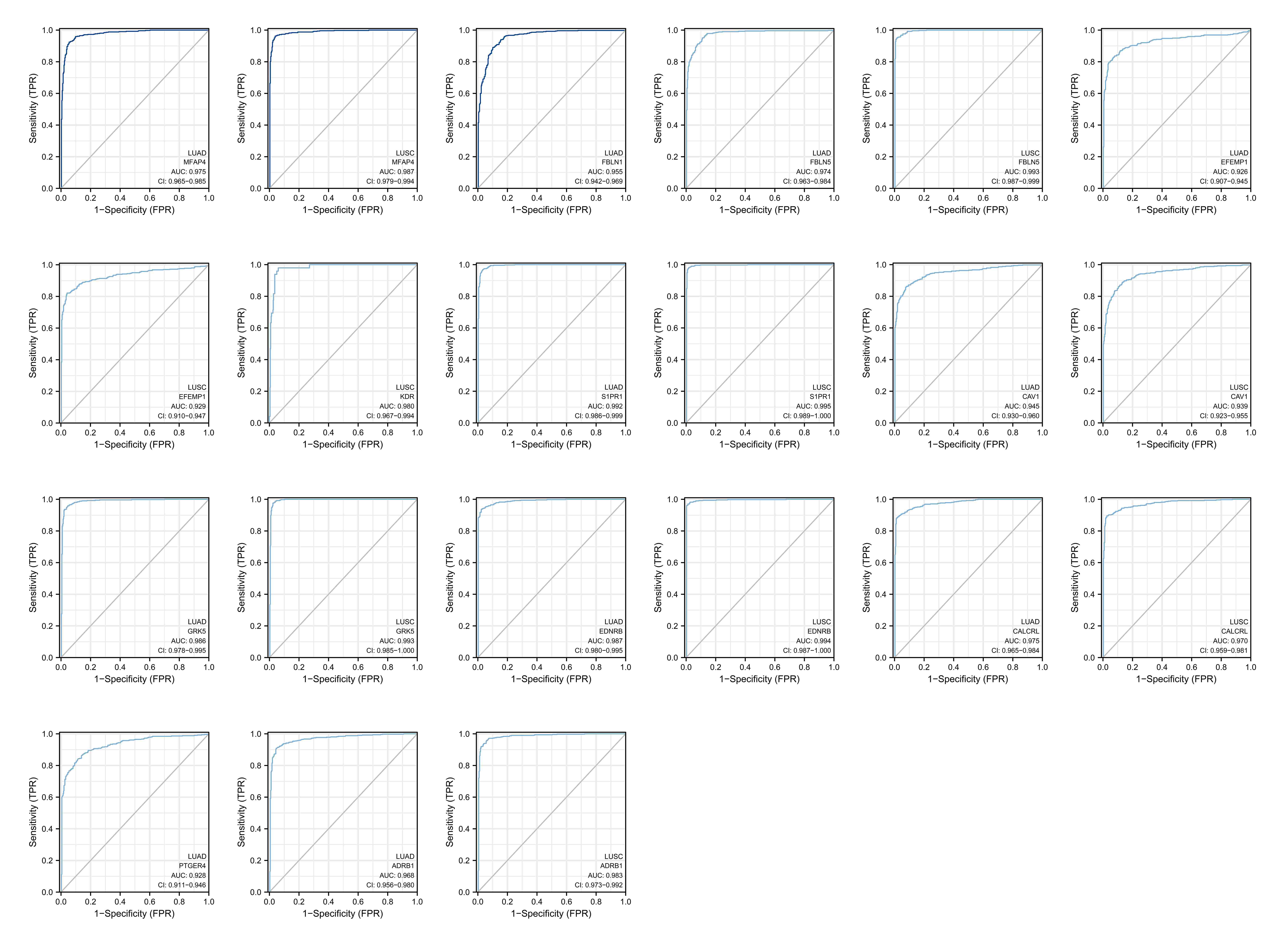 Significance of differential genes from the TCGA database in
lung cancer diagnosis. ROC (receiver operating characteristic) curve
analysis was used to assess the accuracy of each prognostic gene in different
types of lung cancer. AUC (Area Under the ROC Curve) ≥0.9, CI (confidence
interval): 0.8–0.9.