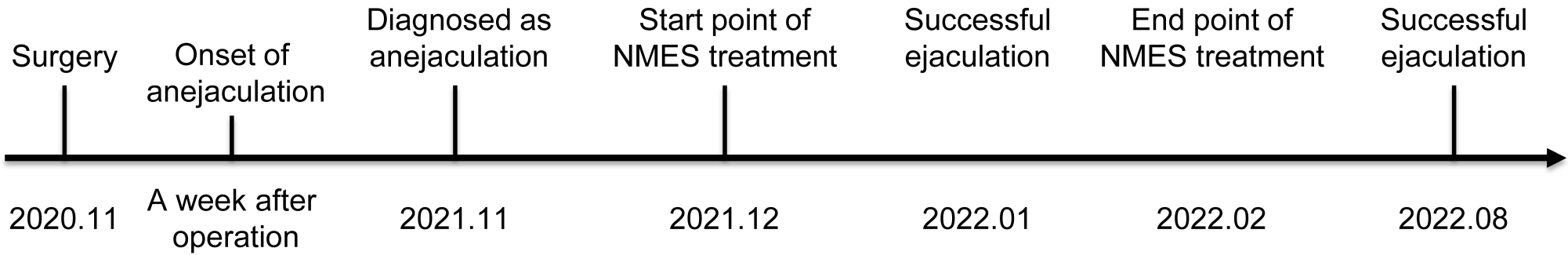 Treatment timeline of the patient. NMES, neuromuscular
electrical stimulation.