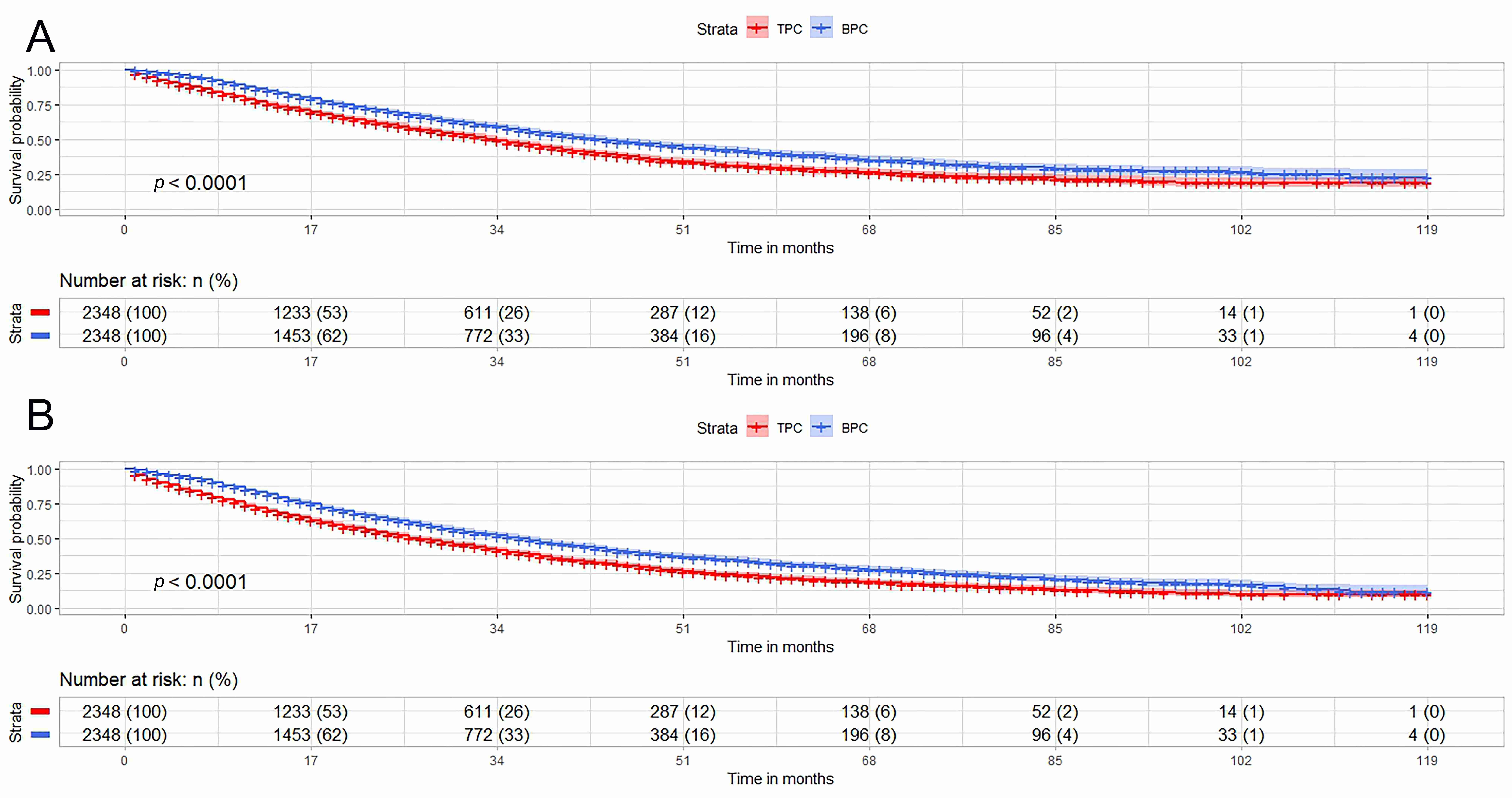 Survival rates between TPC and BPC patients after PSM. (A) CSM 
comparison between TPC and BPC patients; (B) OM comparison between TPC and BPC 
patients. TPC: prostate cancer diagnosed by transurethral resection of the 
prostate; BPC: prostate cancer diagnosed by prostate biopsy; PSM: propensity 
score matching; CSM: prostate cancer-specific mortality; OM: overall mortality.