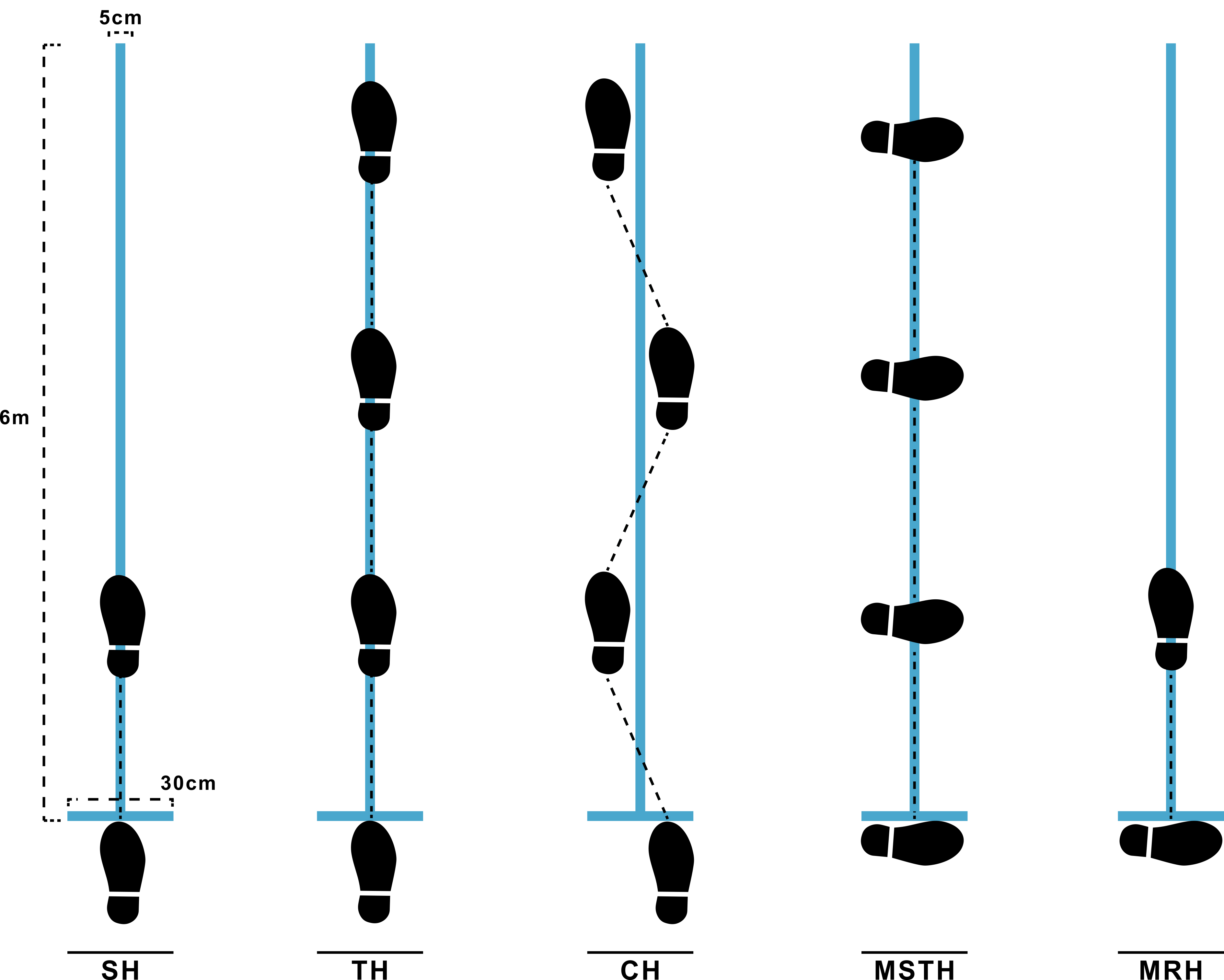 Single leg hop tests. CH: crossover triple hop for distance; 
MSTH: medial side triple hop for distance; SH: single hop for distance; MRH: 
medial rotation (90°) hop for distance; TH: triple hop for distance.