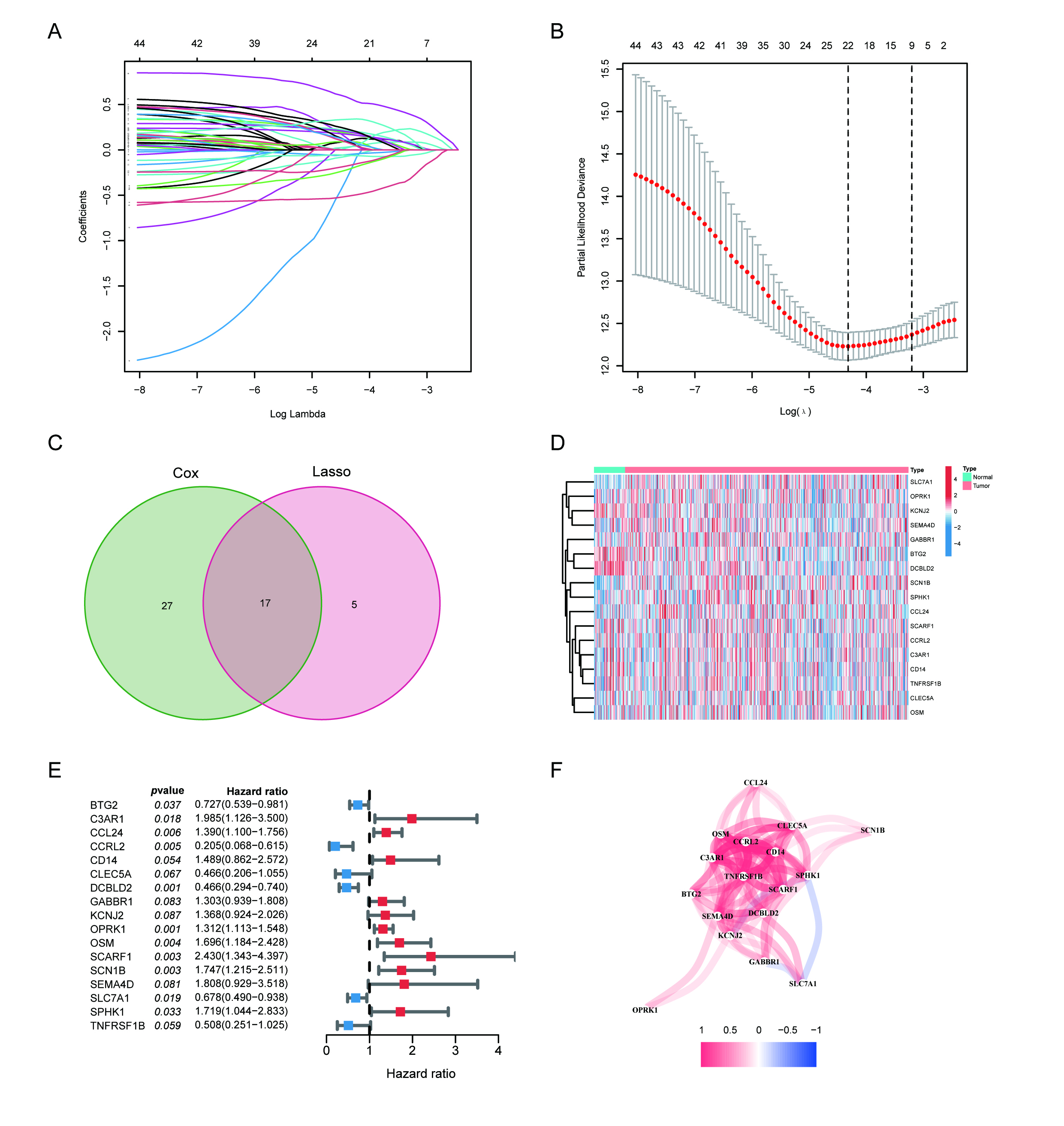 Prognostic inflammatory-related gene identification process in
prostate cancer. (A,B) Key inflammatory-related genes were selected using LASSO
regression analysis. (C) A Venn plot highlights the 17 common prognostic genes
associated with inflammatory responses. (D) The heatmap displays the expression
of these 17 genes in PCa and normal tissues. (E) A forest plot shows hazard
ratios for the 17 prognostic genes, forming the basis for a prognostic model. (F)
The correlation plot of signature genes, with red indicating a positive
connection and blue indicating a negative association. LASSO: Least Absolute
Shrinkage and Selector Operation; PCa: prostate cancer.