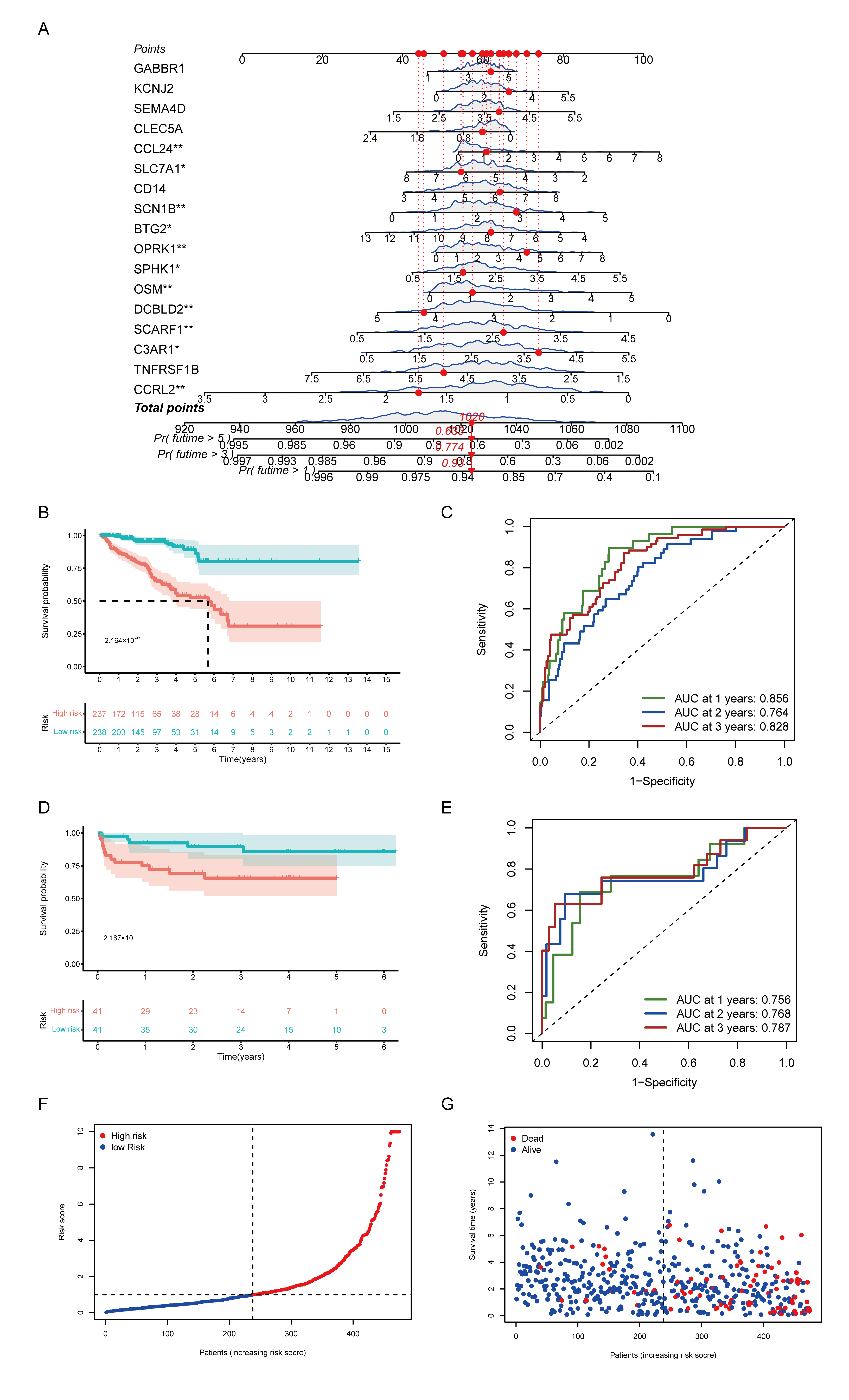 Construction and evaluation of the prognostic model using hub
IRGs. (A) A nomogram designed for predicting 1-, 3- and 5-year OS of PCa
patients. Vertical lines extend upward to determine values for each variable. The
total score is obtained by summing individual variable values, and the
anticipated likelihood of OS is determined by extending a vertical line downward
from the Total Points axis. (B) Kaplan-Meier curves illustrating the outcomes of
low- and high-risk groups in TCGA. (C) Kaplan-Meier curves showing the outcomes
of low- and high-risk groups in the cBioPortal cohorts. (D) ROC curves assessing
the predictive ability of the risk score for 1-, 3- and 5-year OS in TCGA. (E)
ROC curves assessing the predictive ability of the risk score for 1-, 3- and
5-year OS in the cBioPortal cohorts. (F) PCa patients categorized into high- and
low-risk groups based on the risk score. (G) Distribution of IRG risk scores and
patient survival status. OS: overall survival; PCa: prostate cancer; TCGA: The
Cancer Genome Atlas; ROC: receiver operating characteristic; IRG:
inflammatory-related genes.