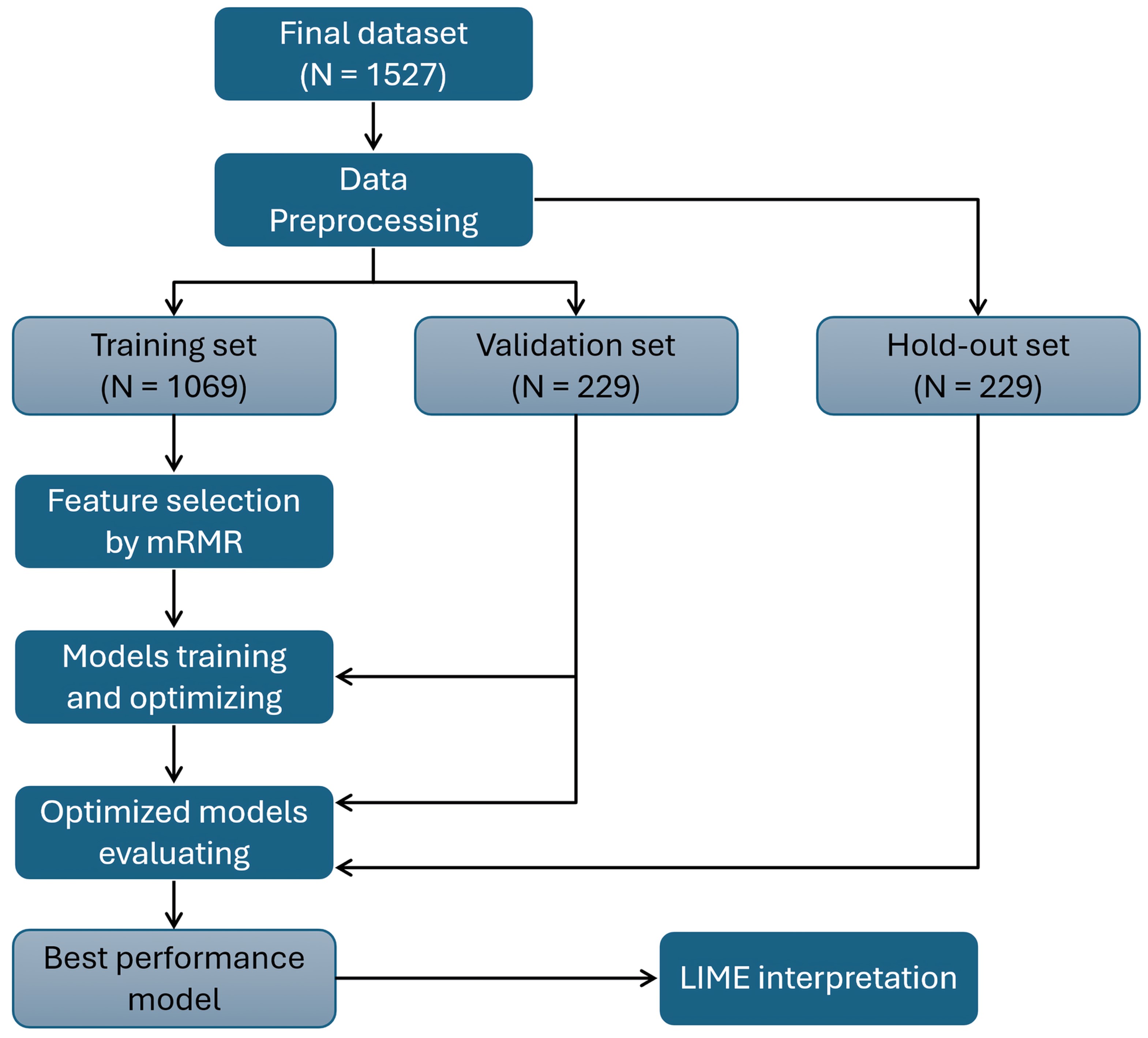 Study workflow. mRMR: minimum Redundancy Maximum Relevance; 
LIME: Local Interpretable Model-Agnostic Explanations.