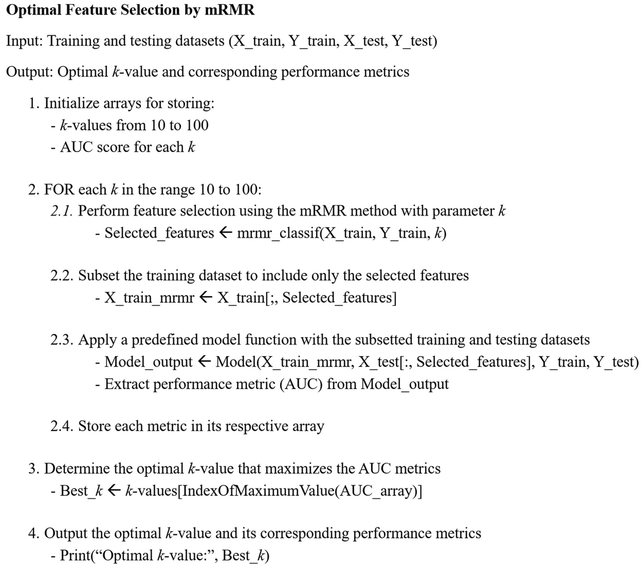 Pseudo code for finding optimal k value. mRMR: minimum 
Redundancy Maximum Relevance; AUC: Area Under the Receiver Operating 
Characteristic Curve.