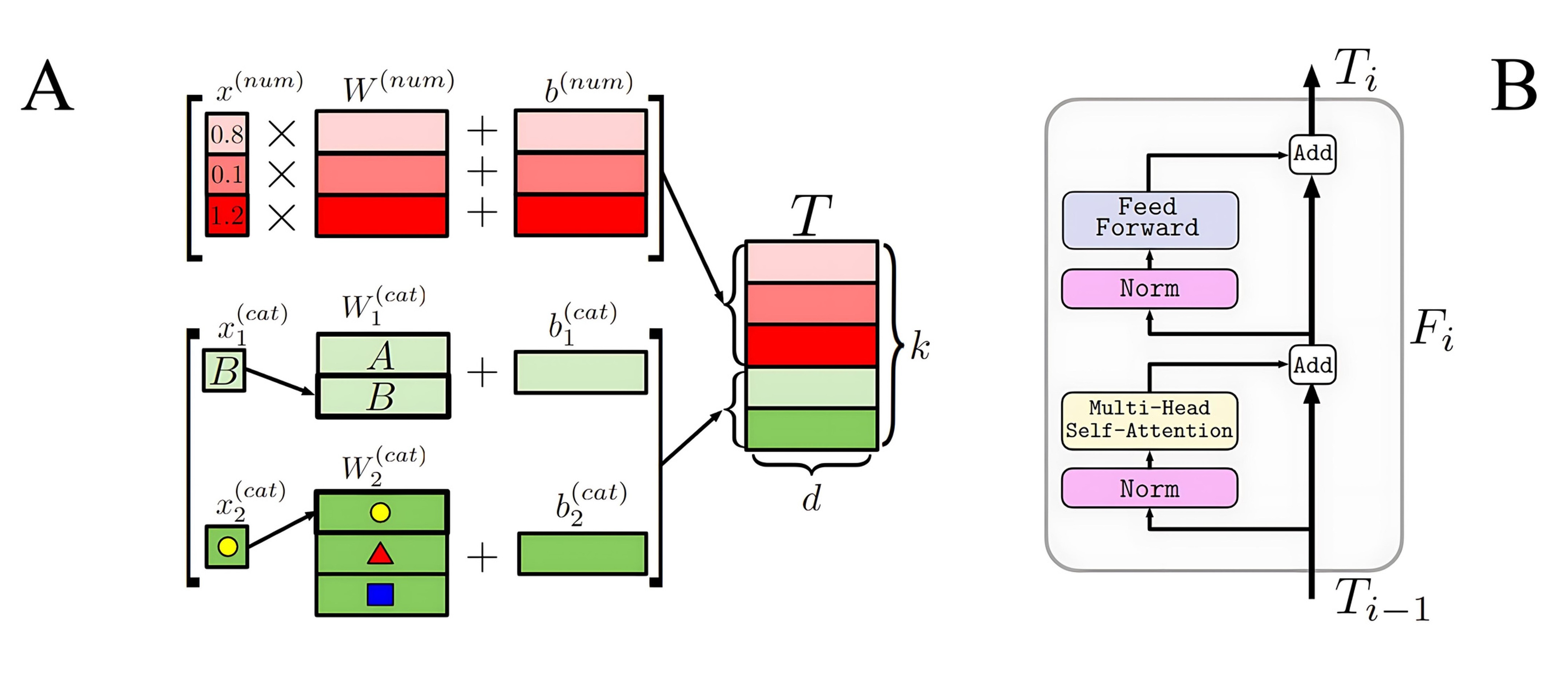 Concept of feature tokenizer + transformer illustrated by 
Gorishniy et al. [16]. (A) Feature Tokenizer: This part transforms raw 
features (in this case, two categorical and three numerical) into tokens for the 
Transformer to process. (B) Transformer Layer: This layer analyzes the 
relationships between the tokens, ultimately using them to make predictions.