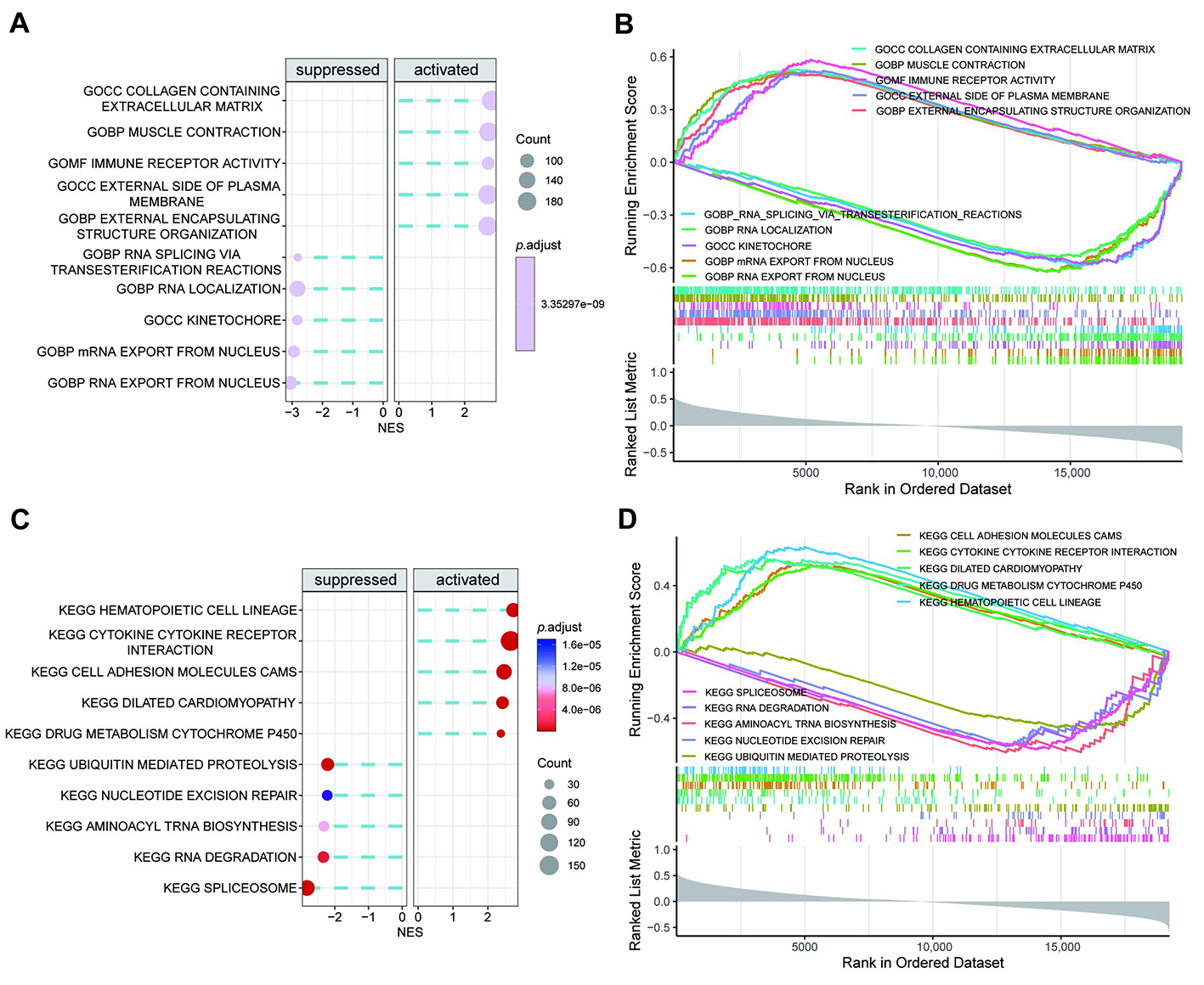 Functional enrichment. (A,B) Top 10 
activated and suppressed GO terms ranked by NES. (C,D) Top 10 activated and 
suppressed KEGG pathways ranked by NES. GO: Gene Ontology; KEGG: 
Kyoto Encyclopedia of Genes and Genomes; NES: Normalized Enrichment 
Score.