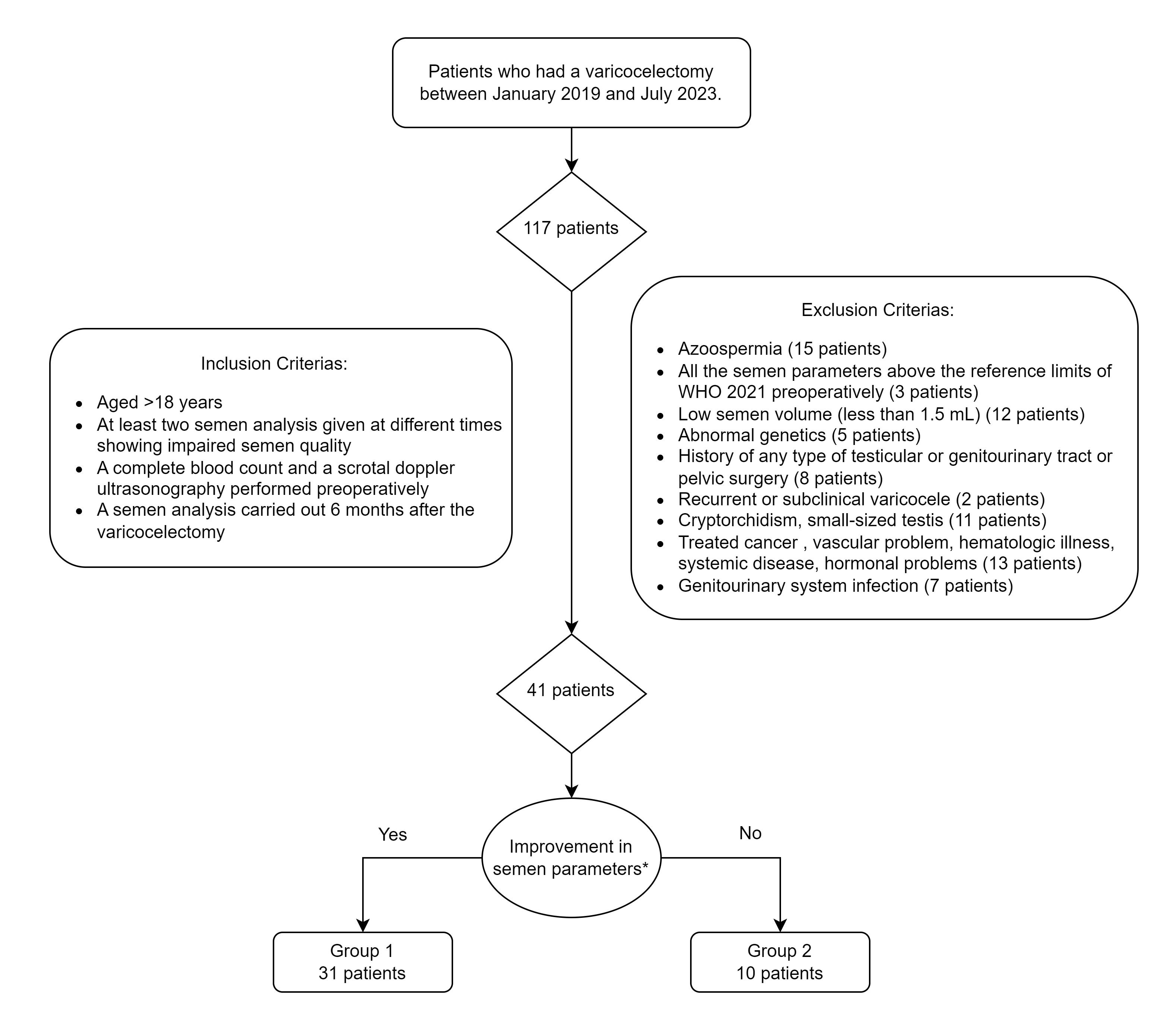 Flow chart of the study. WHO: World Health Organization.
*A more than 50% increase in total progressive motile sperm count or
100% increase in a patient with a total progressive motile sperm count <5
million.