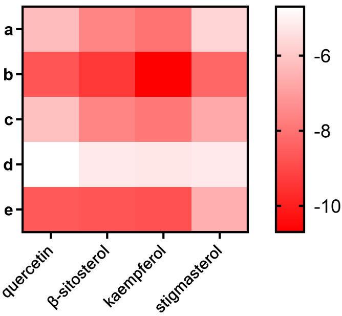 Heatmap of Molecular Docking Binding Energy Results. a: ALB; b:
MMP9; c: ESR1; d: IL-6; e: EGFR.