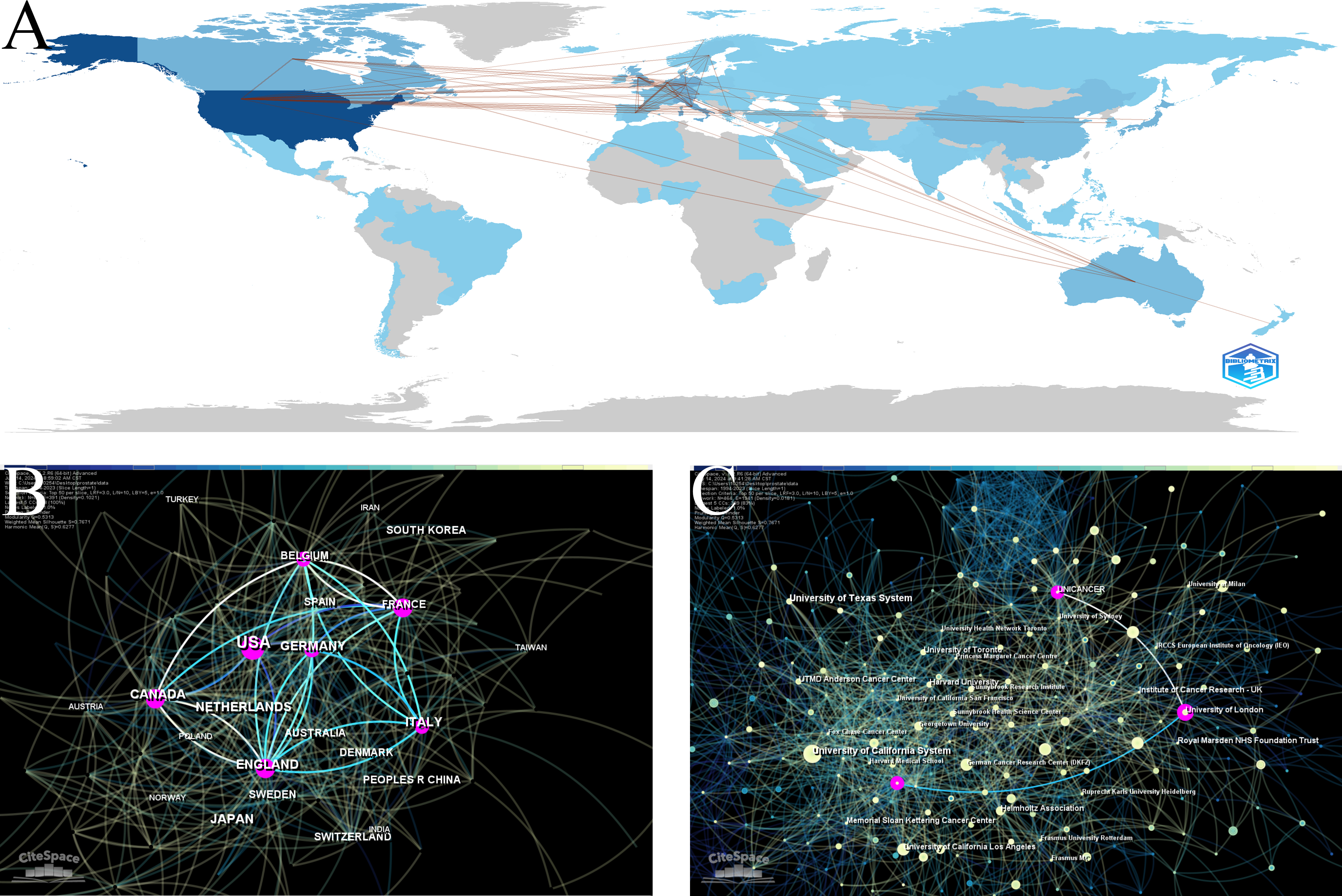Representative cooperative network among countries and
institutions focusing on radiotherapy for prostate cancer. (A) Global research
output by geography, (B) Cooperation network of multiple countries, and (C)
Institutional cooperation network. Note: Networks (B) and (C) were visualized
using CiteSpace, limited to the top 50 countries. Node size reflects each
entity’s contribution, with larger nodes indicating greater importance (Q =
0.5313, S = 0.7671). Purple rings highlight nodes with high betweenness
centrality, indicating crucial connections within the network. Brighter lines
between nodes denote stronger co-occurrence and association within the dataset.
