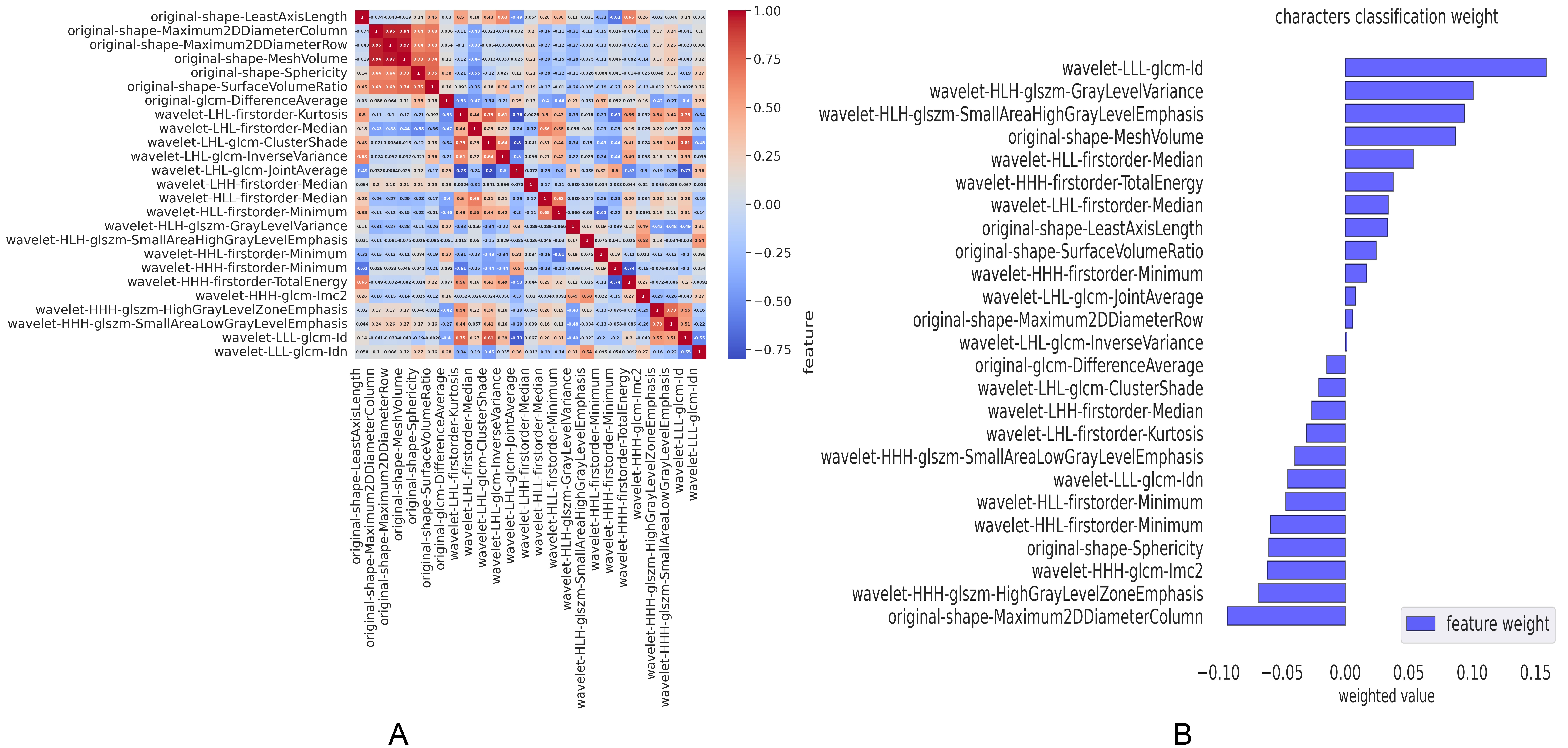 Identification of key feature parameters 
within the training set and development of the linear predictor. (A) Spearman’s 
correlation coefficients were estimated for the twenty-five selected features. 
(B) Feature classification weights. GLCM: gray-level co-occurrence matrix; GLSZM: 
gray-level size zone matrix; Imc2: incremental matrix completion2; Idn: 
identifier numeric; Id: identifier.