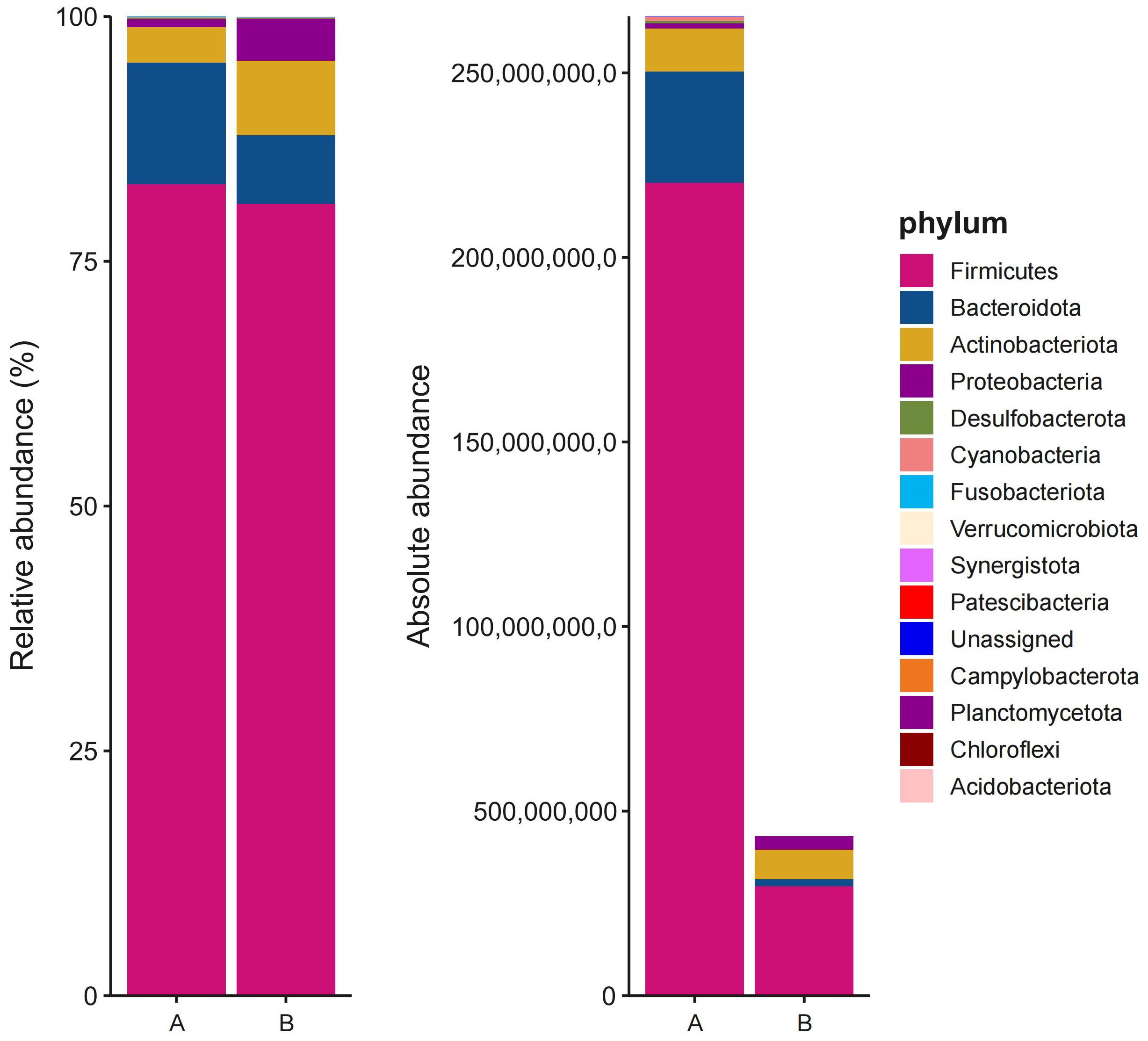 Phylum-level gut microbiota composition in Group A vs.
Group B. Group A: non-depressive group; Group B: depressive group.