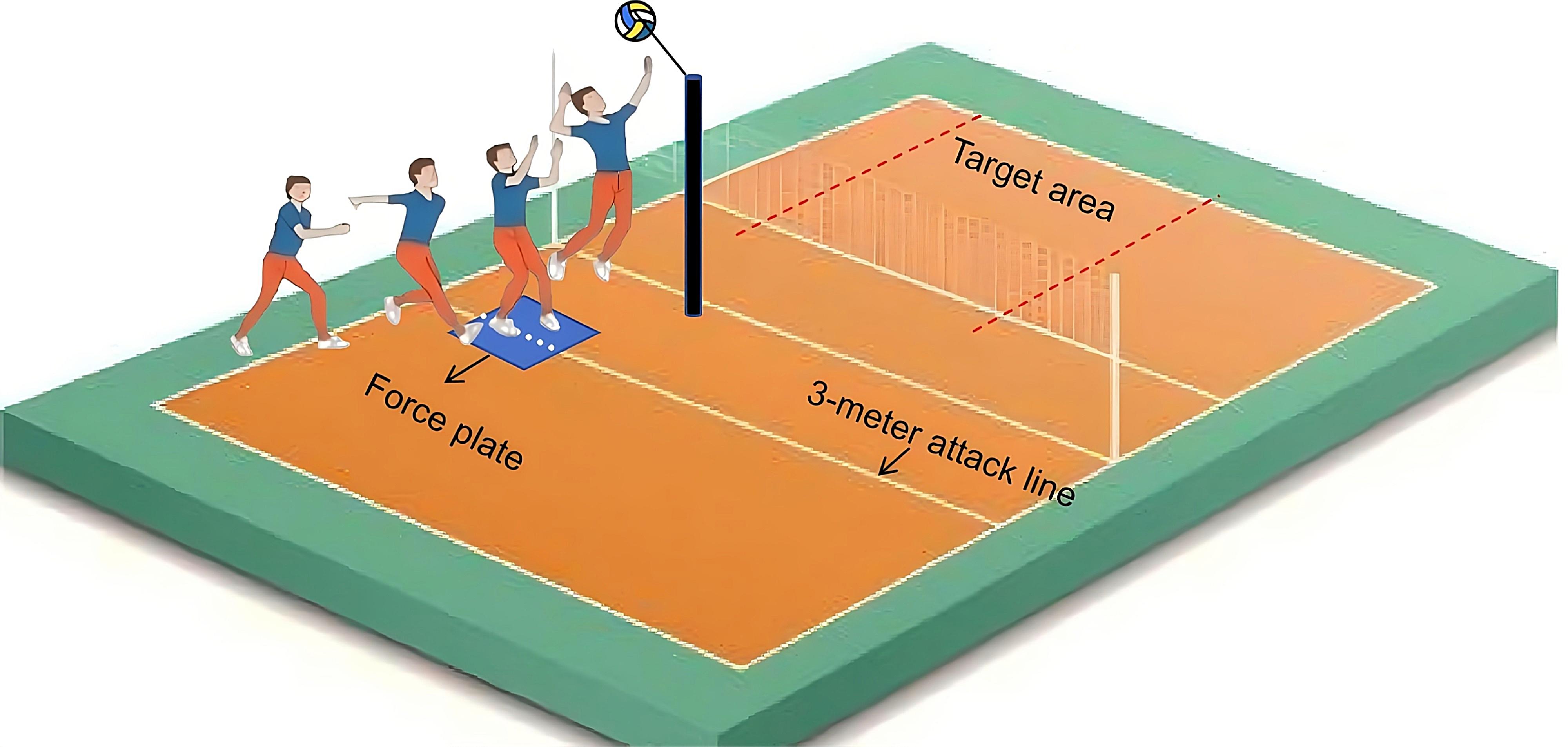 Experimental site setting. Schematic setup of the SPJ test on a
standard volleyball court. Athletes performed an approach and spike over the net,
stepping on a force plate placed on the attack path close to the 3-m attack line
to record the ground-reaction forces during the plant and take-off. Successful
trials were required to land in the predefined target area.