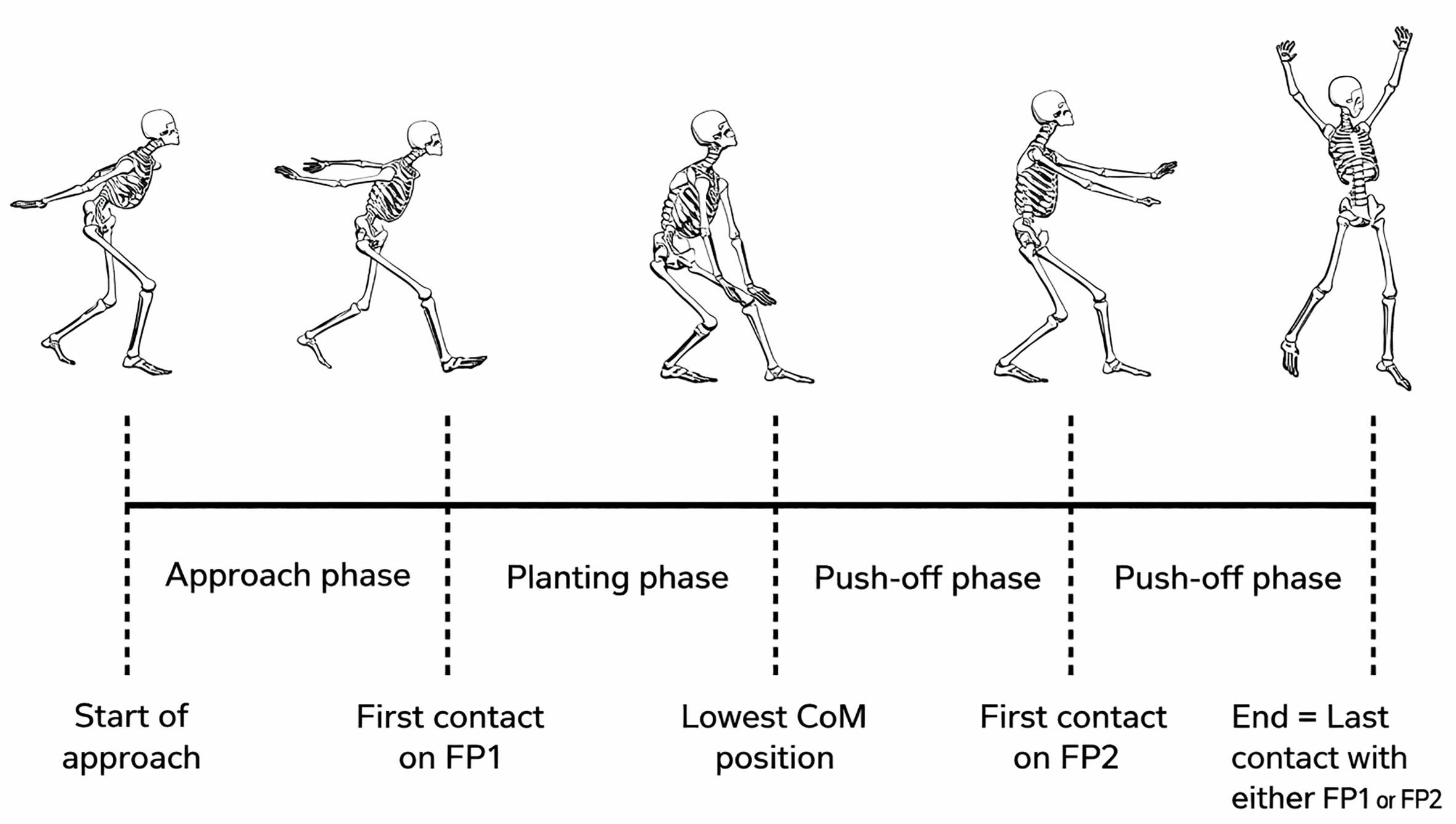 Phases of the SPJs. Approach phase: from the start of the 
approach to the first ground contact of the dominant foot. Planting phase: from 
the end of the approach phase to the instant of the lowest CoM. Push-off phase: 
from the end of the planting phase to the last ground contact at take-off; this 
interval includes the ground contact of the non-dominant foot. Take-off: the 
final contact with either force plate (FP1 or FP2), identified using a 20 N [9] 
ground reaction force threshold. FP: force plate; CoM: center of mass.