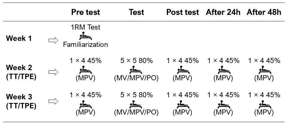 Experimental design. TT: Traditional training; TPE: Training
preceded by electrostimulation; 1RM: Maximum repetition; MPV: mean propulsive velocity; MV: Maximum velocity; PO: Power.