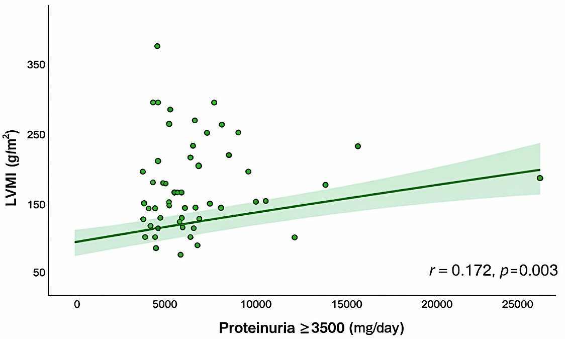 Relationship between nephrotic proteinuria and LVH. A
significant correlation was found between nephrotic proteinuria and LVMI
(r = 0.172, p = 0.003) and LVH (r = 0.167, p
= 0.002). LVMI: left ventricular mass index.