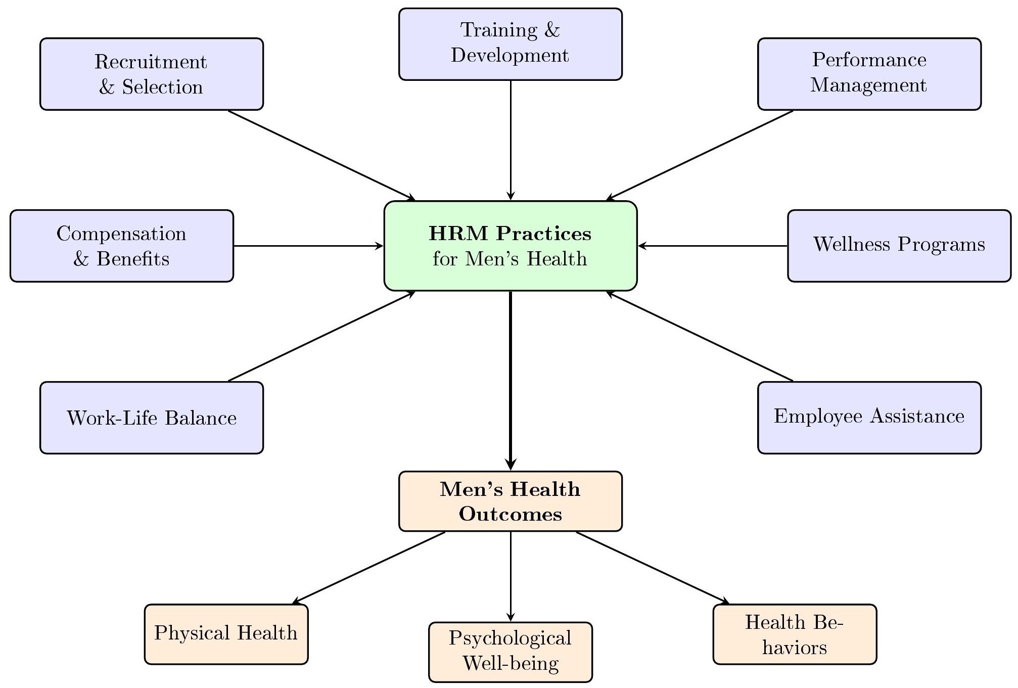 Conceptual framework: HRM practices and men’s health outcomes.
This figure illustrates the seven core HRM functions examined in this review:
Recruitment & Selection, Training & Development, Performance Management,
Compensation & Benefits, Wellness Programs, Work-Life Balance, and Employee
Assistance, and their pathways to men’s health outcomes, including physical
health, psychological well-being, and health behaviors. HRM: Human Resource
Management.