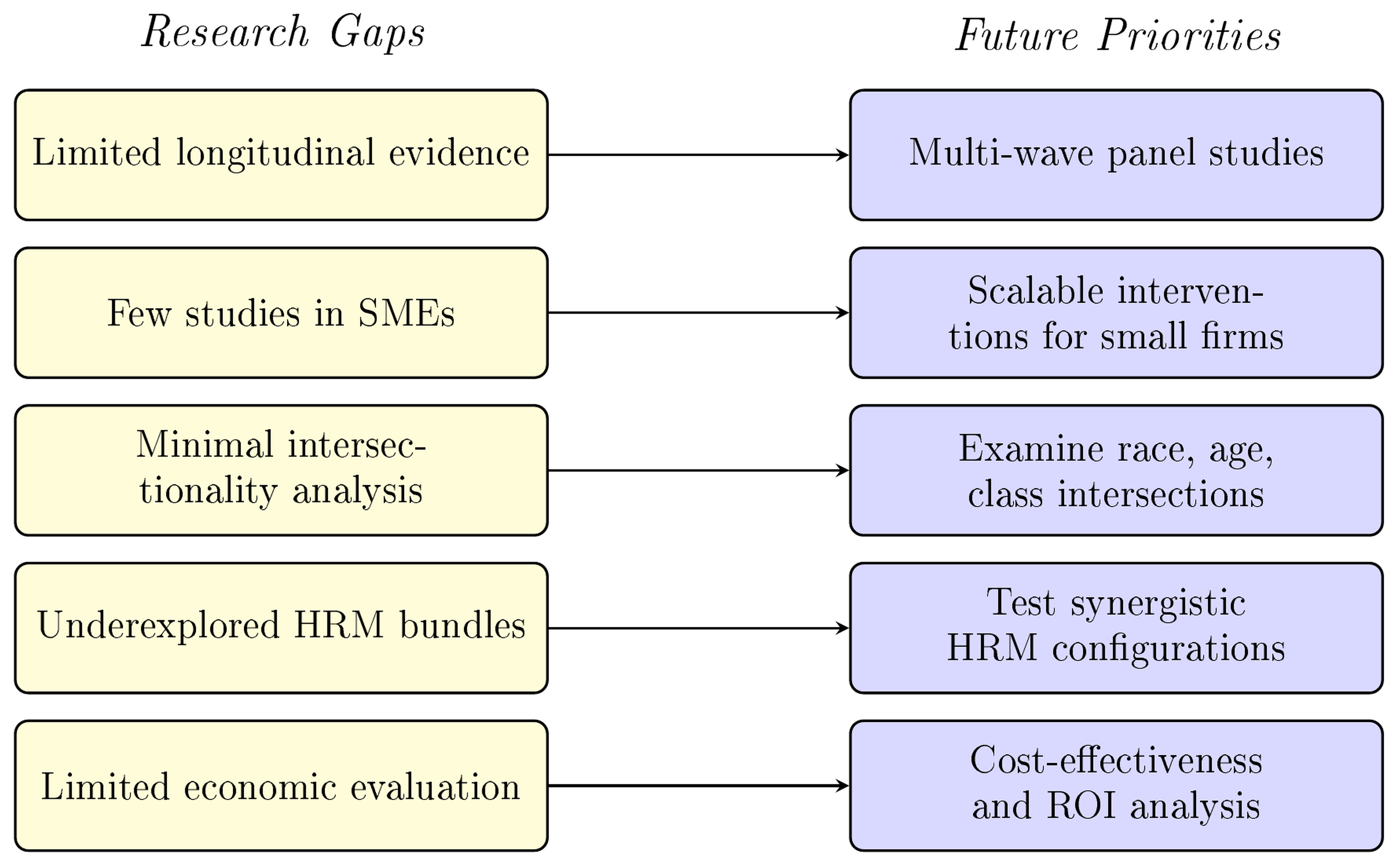 Research gaps and future priorities in HRM and men’s health
research. This figure maps identified gaps in current evidence to recommended
priorities for future research. HRM: Human Resource Management; ROI: return on
investment; SMEs: Small and Medium-sized Enterprises.