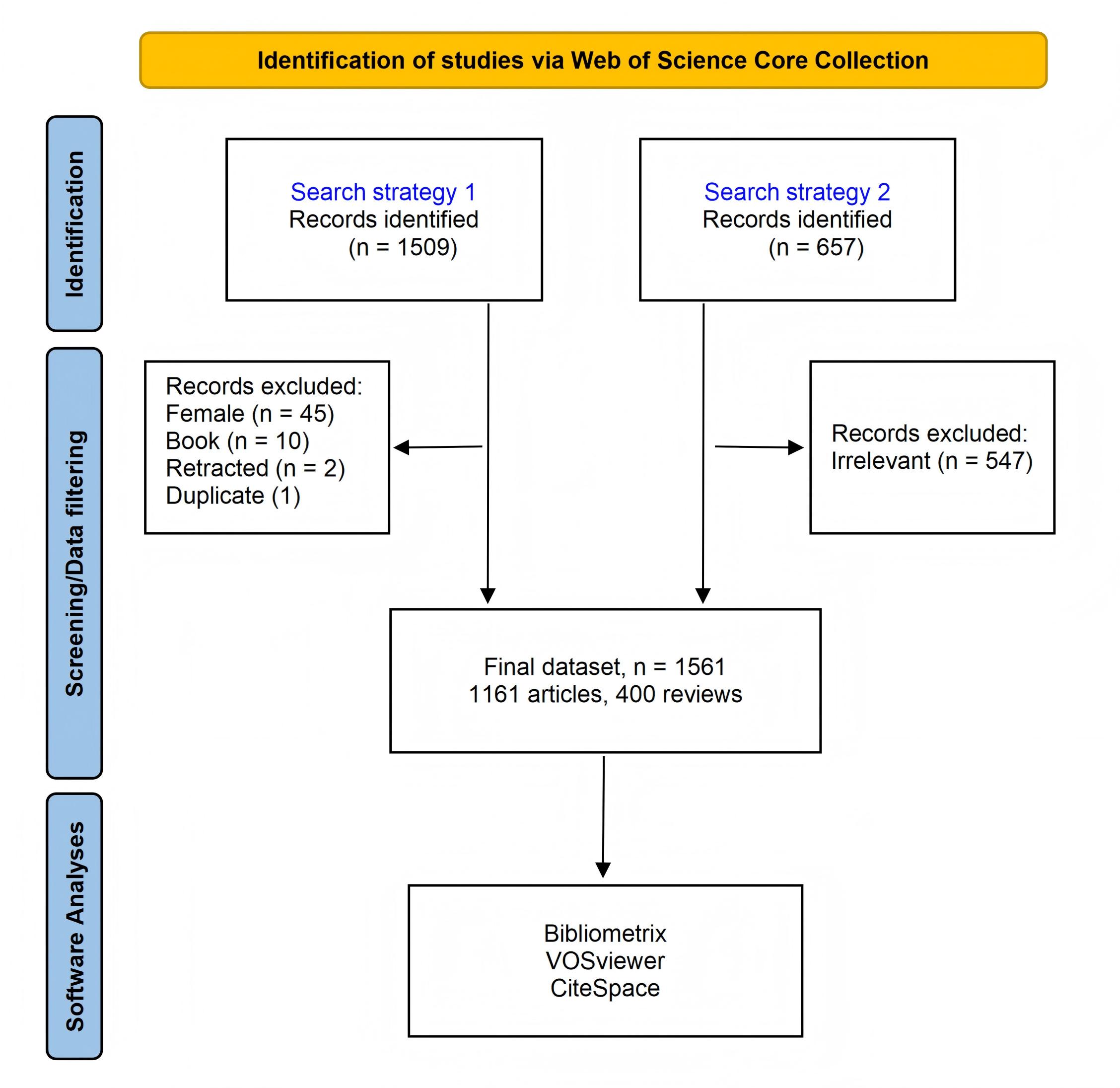 Flow chart of the
scientometric study. Search strategies can be found in the Supplementary
material.