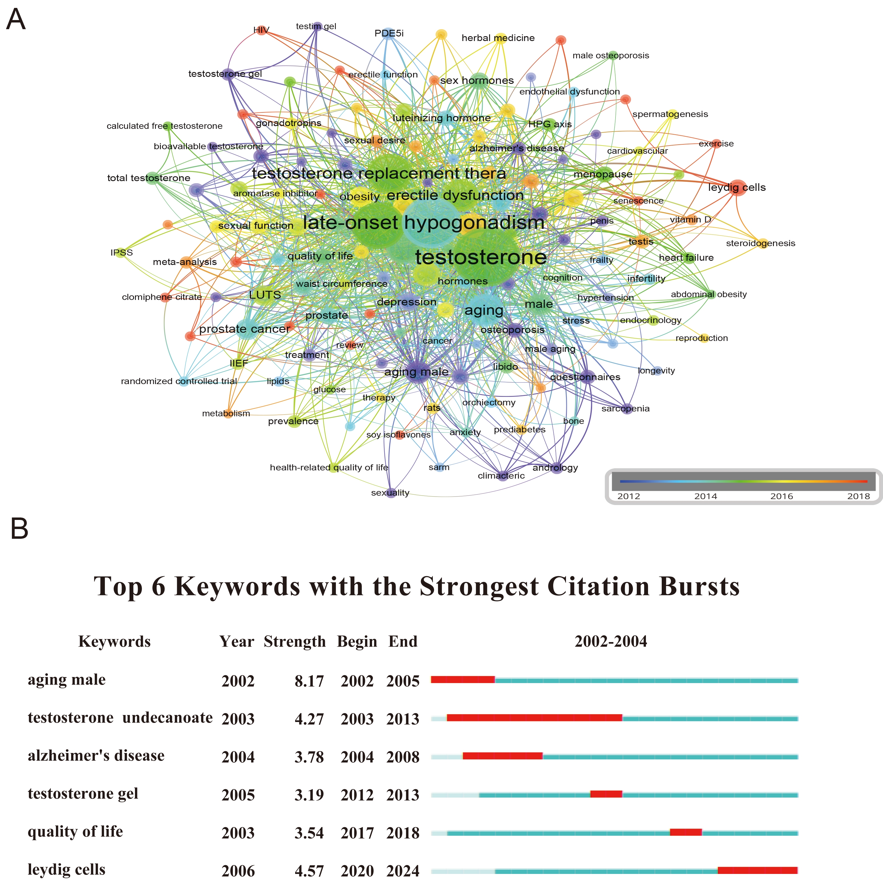 Analysis of author
keywords. (A) Network map of the authors’ keywords; (B)
Citation burst analysis of the authors’ keywords. HIV: human immunodeficiency
virus; PDE5i: phosphodiesterase-5 inhibitor; IPSS: International Prostate Symptom
Score; LUTS: lower urinary tract symptoms.
