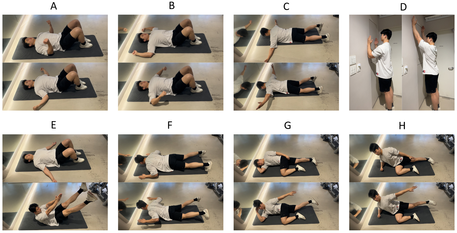 Illustration of the eight exercise movements included in the
shoulder- and lumbar-focused rehabilitation program. (A) Internal and external
rotation of the humerus in the adducted position. (B) internal and external
rotation of the humerus in the 90° abducted position. (C) Wall slides.
(D) T-raises. (E) simultaneous elevation of the upper and lower limbs in the
supine position. (F) simultaneous elevation of the upper and lower limbs in the
prone position. (G) simultaneous elevation of the upper and lower limbs in the
side-lying position with activation of the hip adductor muscles. (H) simultaneous
elevation of the upper and lower limbs in the side-lying position with activation
of the hip abductor muscles.