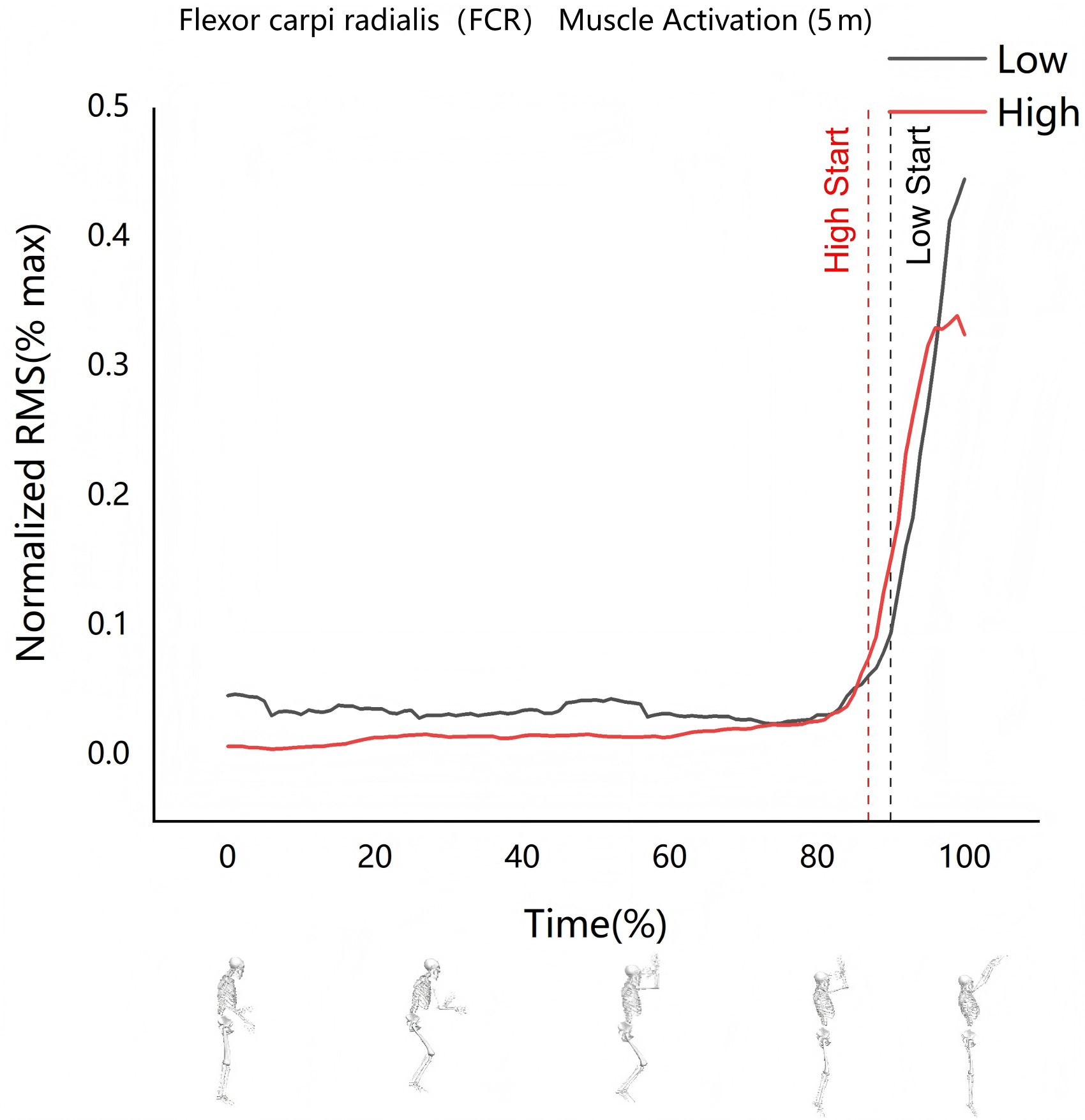 Flexor carpi radialis activation (5 m shooting). Low Start: The
position where activation begins at a low level. High Start: The position where
activation begins at a high level. RMS: root mean square.