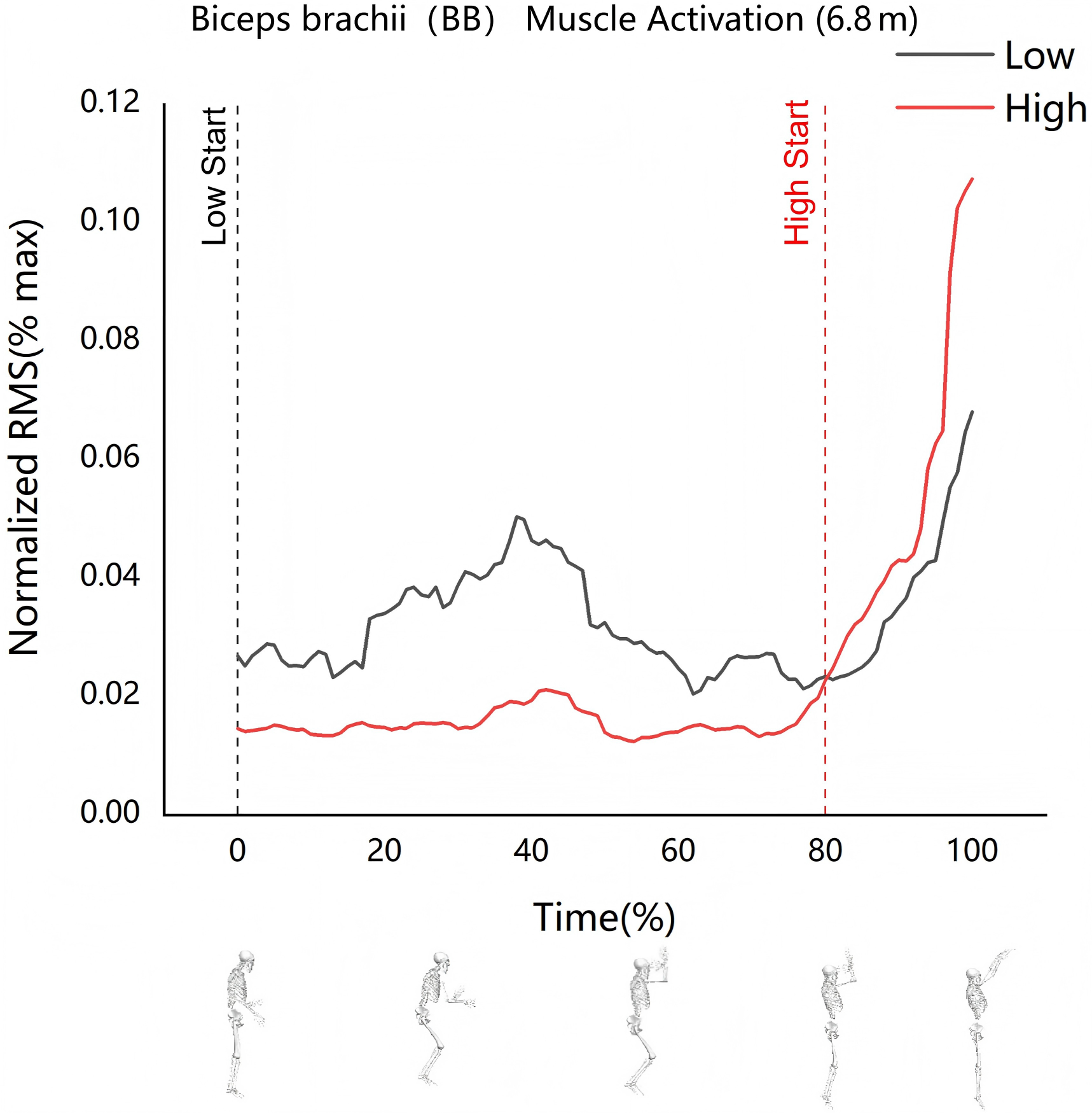 Biceps brachii activation (6.8 m shooting). Low Start: The
position where activation begins at a low level. High Start: The position where
activation begins at a high level. RMS: root mean square.