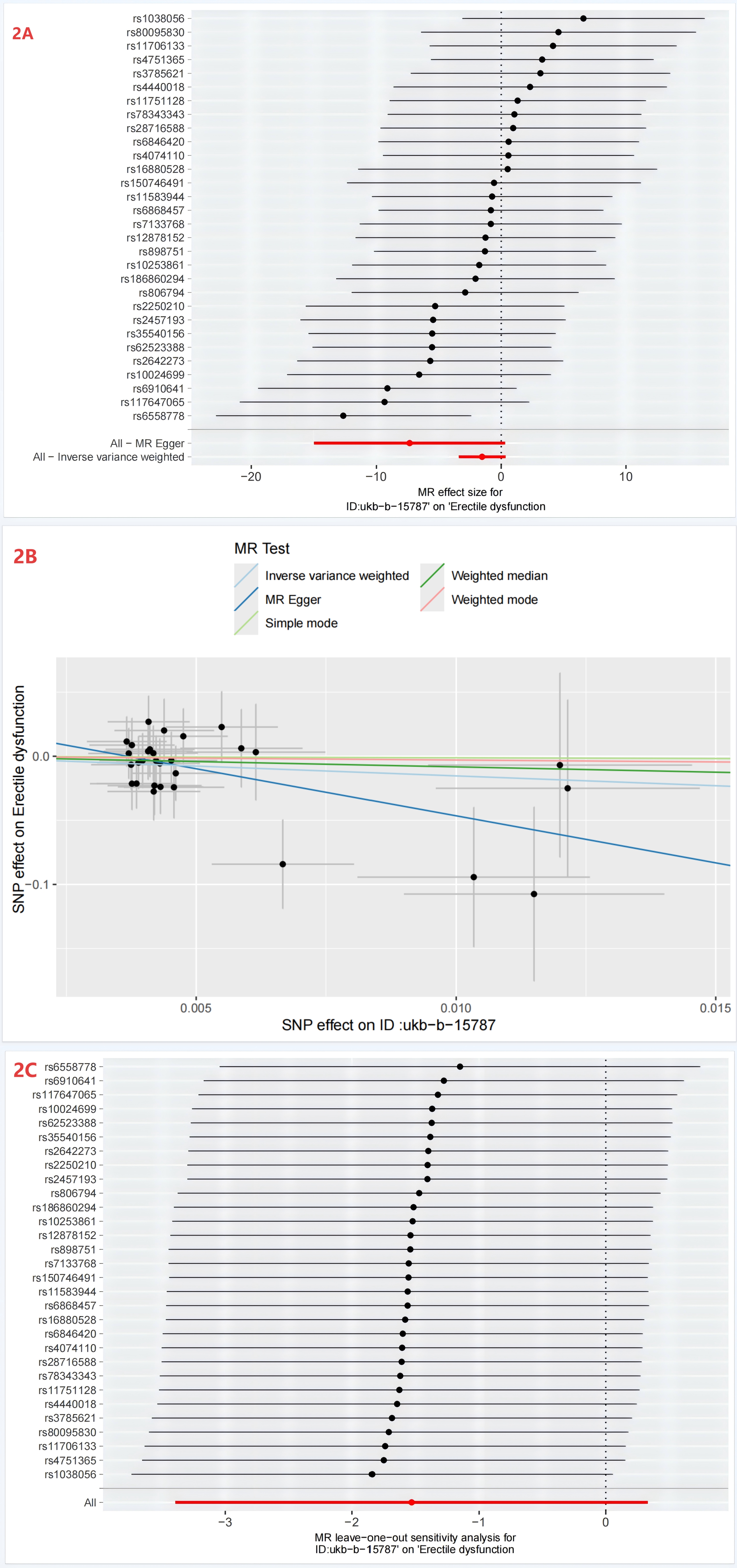 Causal estimates for genetically predicted bicycle commuting to
work and erectile dysfunction. (A) Forest plot. (B) Scatter plot. (C)
Leave-one-out plot. MR, Mendelian randomization; SNPs, single-nucleotide
polymorphisms.