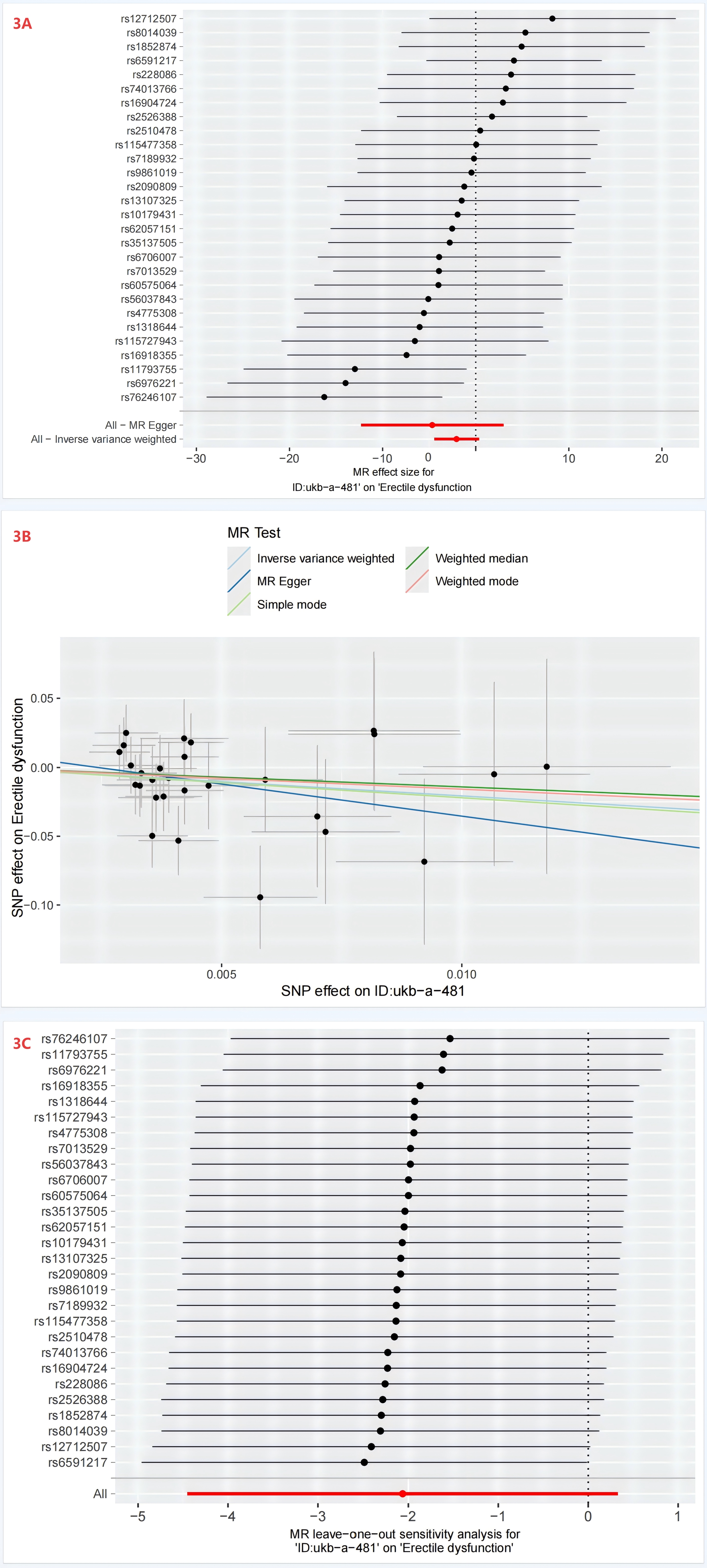 Causal estimates for genetically predicted cycling (excluding
work) and erectile dysfunction. (A) The forest plot. (B) The scatter plot. (C)
Leave-one-out plot. MR, Mendelian randomization; SNPs, single-nucleotide
polymorphisms.